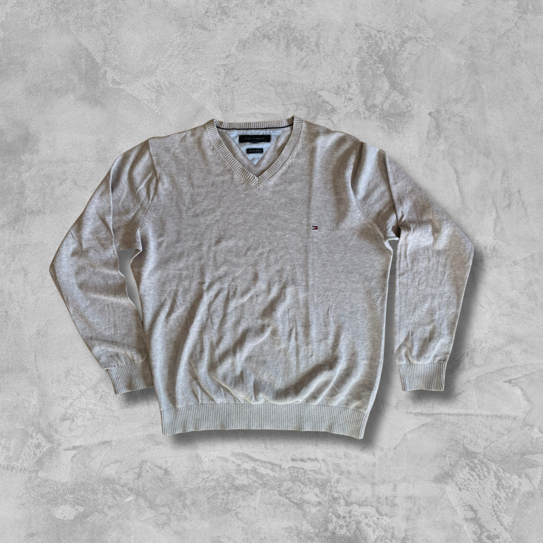 Vintage Tommy Hilfiger V-Neck Sweater Grau Logo Knit