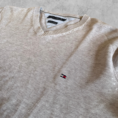 Vintage Tommy Hilfiger V-Neck Sweater Grau Logo Knit