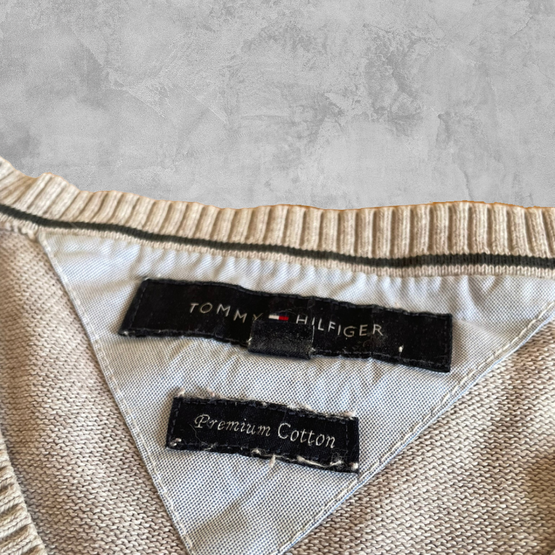 Vintage Tommy Hilfiger V-Neck Sweater Grau Logo Knit